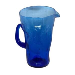 Mid-Century West Virginia Bischoff Glass Co. Cobalt Blue Crackle Glass Pitcher